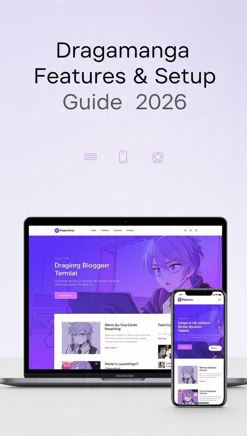 Dragamanga Blogger Template 2026 preview showing responsive anime Blogger theme on desktop and mobile devices with modern purple design, SEO optimized and AdSense ready layout.