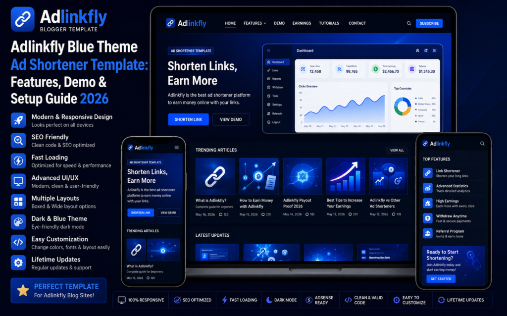 Adlinkfly Blue Theme Ad Shortener Template with responsive dashboard, modern website design, SEO optimized layout, and professional URL shortener interface.