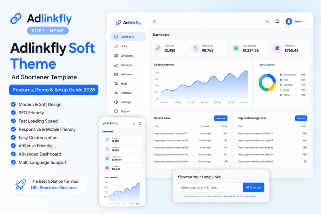 Adlinkfly Soft Theme preview featuring a responsive dashboard, SEO-friendly design, modern user interface, and professional URL shortener template.
