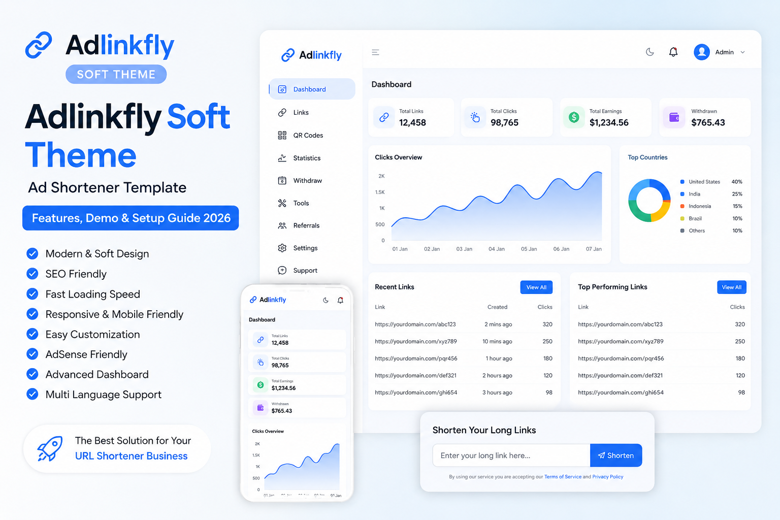 Adlinkfly Soft Theme preview featuring a responsive dashboard, SEO-friendly design, modern user interface, and professional URL shortener template.