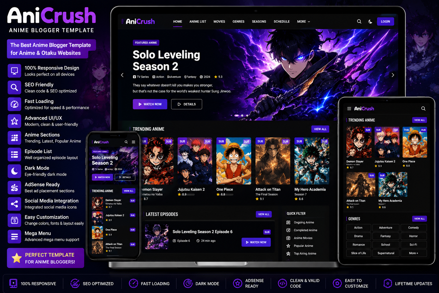 AniCrush Anime Blogger Template with responsive design, SEO-friendly layout, fast loading, anime homepage, dark mode, and mobile-friendly Blogger theme.