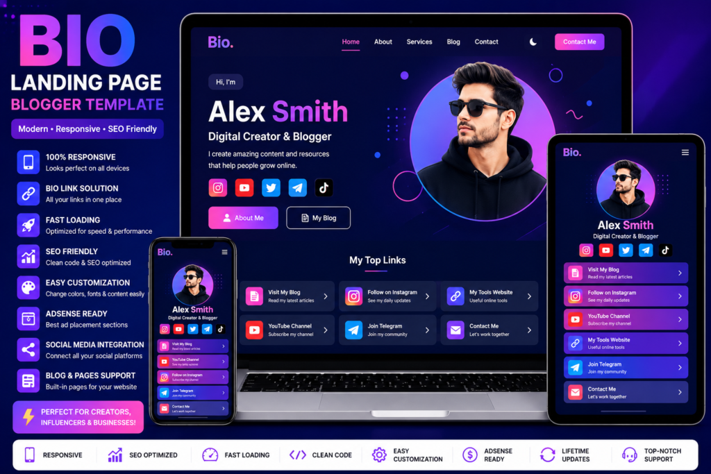 Bio Landing Page Blogger Template featuring responsive design, SEO-friendly layout, fast loading, social media links, and mobile-friendly Blogger theme.
