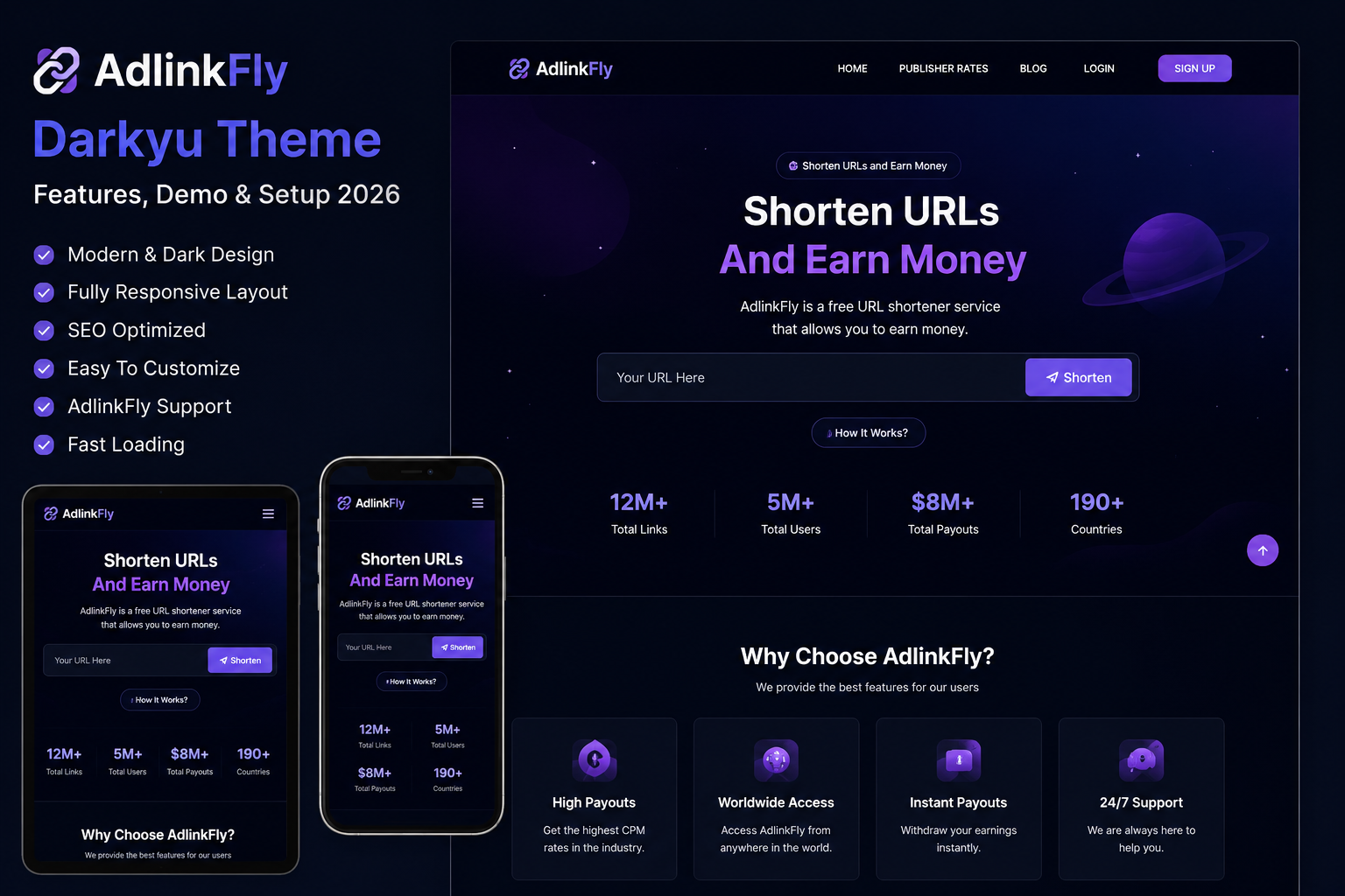 AdlinkFly Darkyu Theme homepage preview featuring a modern dark responsive URL shortener website template with a professional dashboard design.