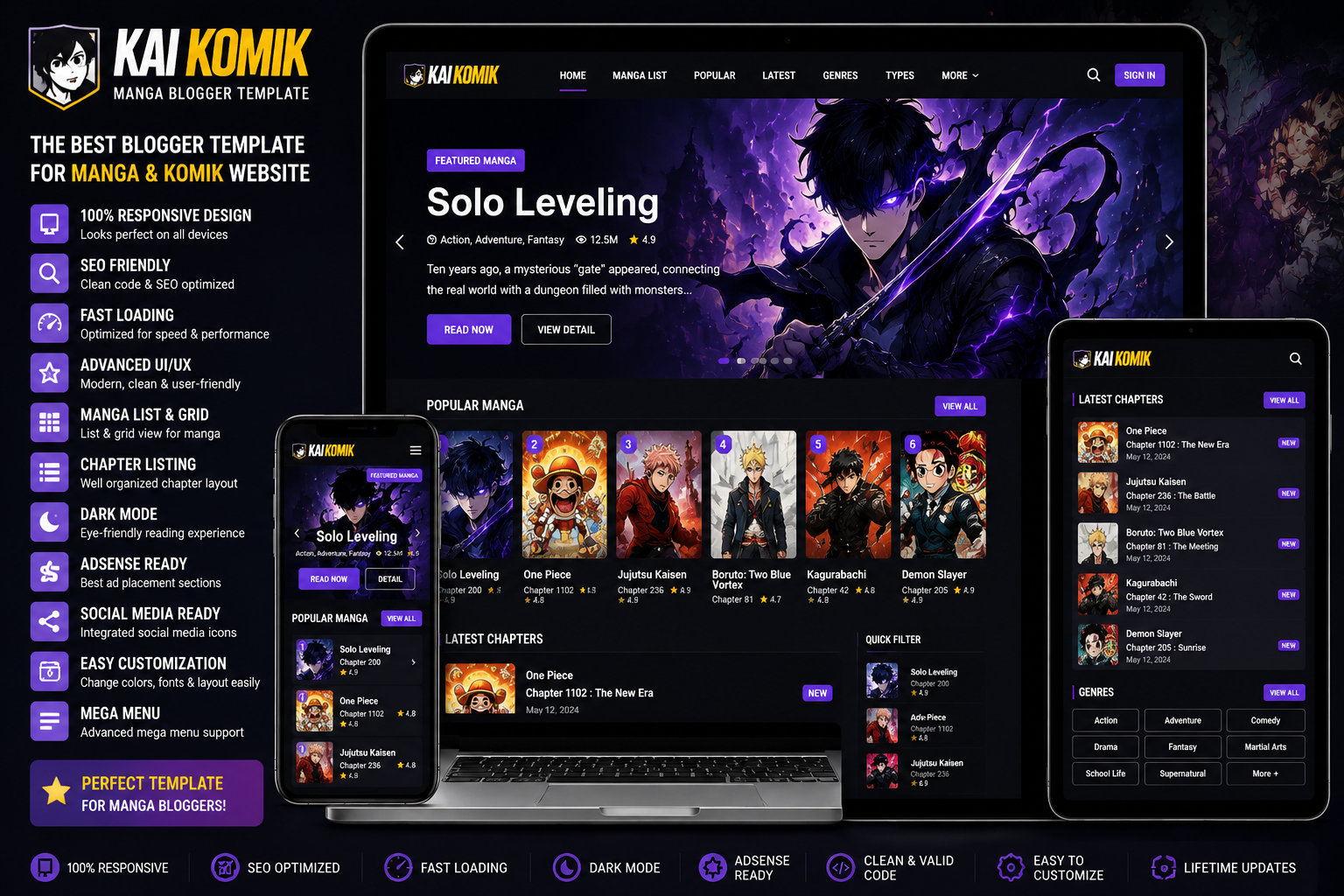 Kai Komik Manga Blogger Template with responsive design, SEO-friendly layout, fast loading, manga reader homepage, anime content sections, and mobile-friendly Blogger theme.
