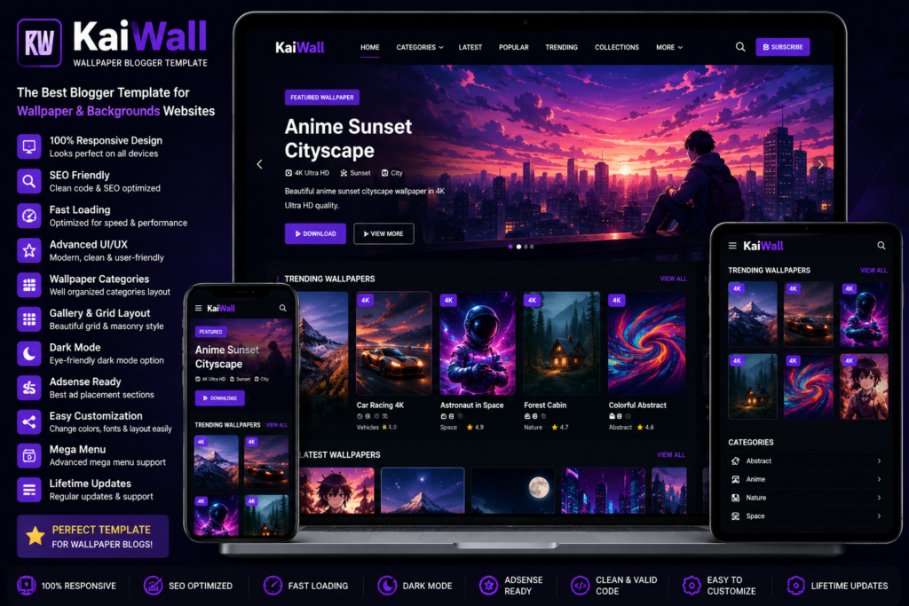 KaiWall Wallpaper Blogger Template with responsive design, SEO-friendly layout, fast loading, wallpaper gallery, and mobile-friendly Blogger theme.