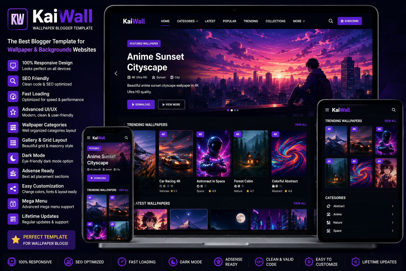 KaiWall Wallpaper Blogger Template with responsive design, SEO-friendly layout, fast loading, wallpaper gallery, and mobile-friendly Blogger theme.