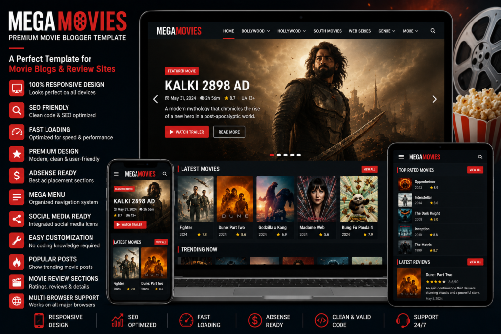 MegaMovies Blogger Template with responsive layout, SEO-friendly design, fast loading, movie review homepage, and mobile-friendly Blogger theme.
