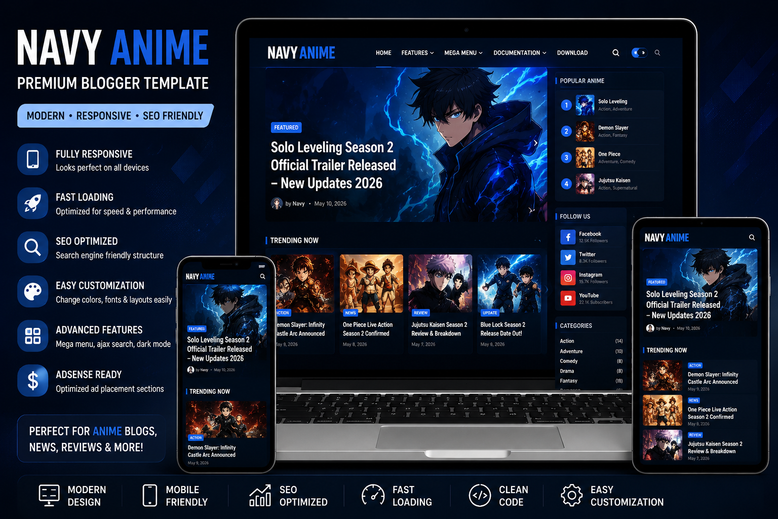 Navy Anime Premium Blogger Template featuring responsive design, SEO-friendly layout, fast loading, dark mode, and mobile-ready Blogger theme for anime and manga websites.