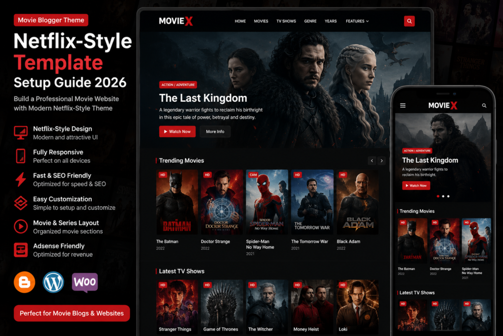 Movie Blogger Theme featuring a Netflix-style responsive layout, modern dashboard, SEO-friendly design, and professional entertainment website template.