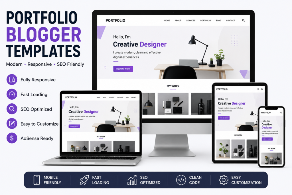 Portfolio Blogger Templates featuring responsive, SEO-friendly, fast-loading, and mobile-ready Blogger themes for designers, developers, freelancers, photographers, and creative portfolios.