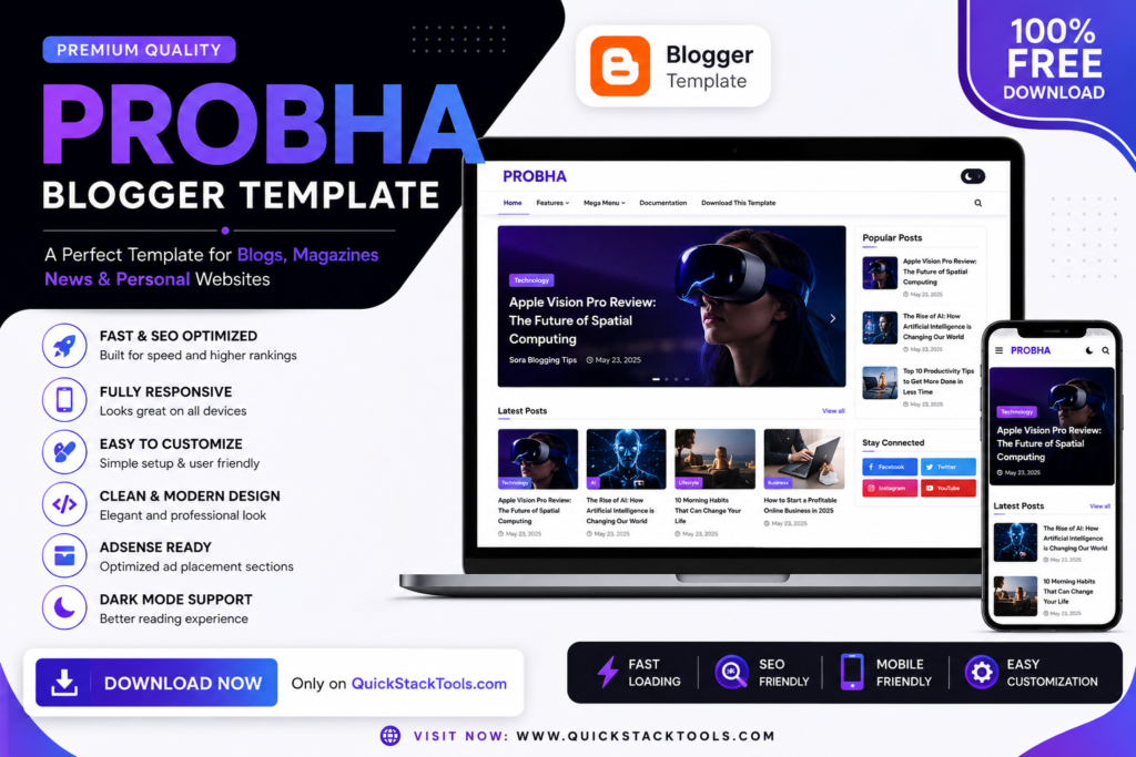 Probha Blogger Template free download featuring a responsive, SEO-friendly, fast-loading Blogger theme with modern design, AdSense-ready layout, dark mode, and mobile-friendly interface.