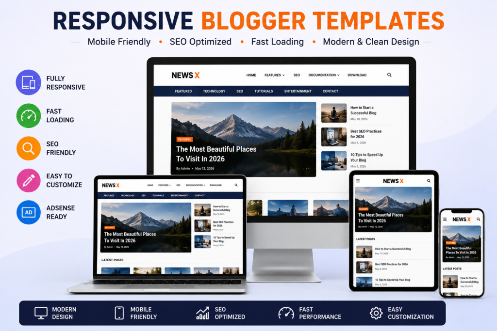 Responsive Blogger Templates displayed on desktop, laptop, tablet, and mobile devices, featuring SEO-friendly, fast-loading, AdSense-ready, and mobile-responsive Blogger themes.