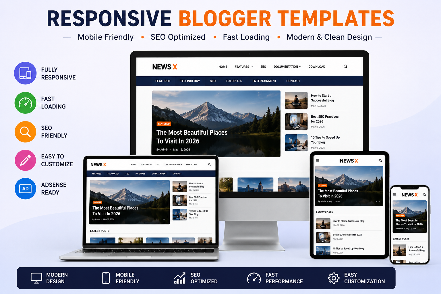 Responsive Blogger Templates displayed on desktop, laptop, tablet, and mobile devices, featuring SEO-friendly, fast-loading, AdSense-ready, and mobile-responsive Blogger themes.