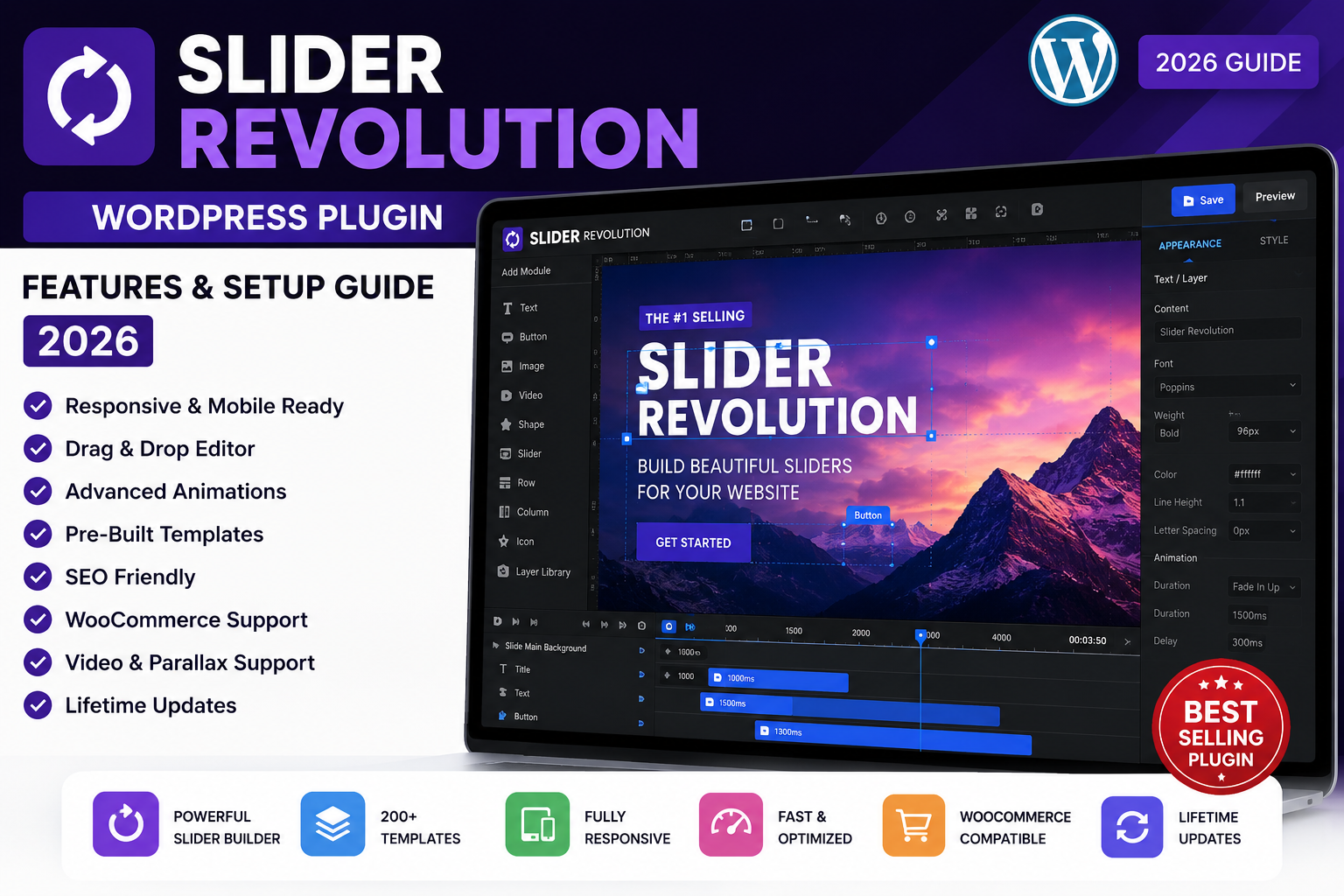 Slider Revolution WordPress Plugin dashboard showing drag and drop slider builder, responsive design, landing page templates, animations, and WordPress website customization.