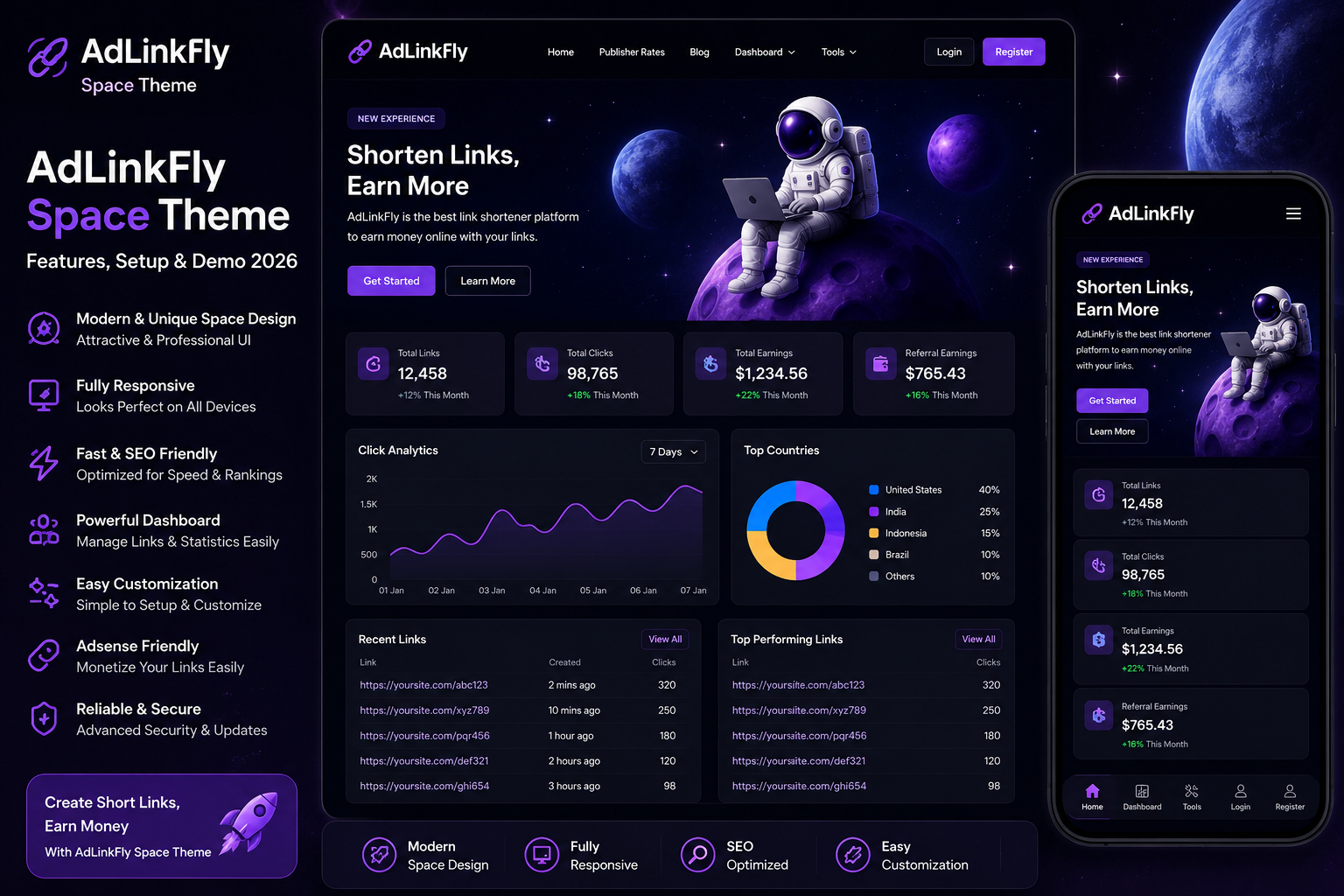AdLinkFly Space Theme homepage preview showing responsive URL shortener website template with modern dashboard design.