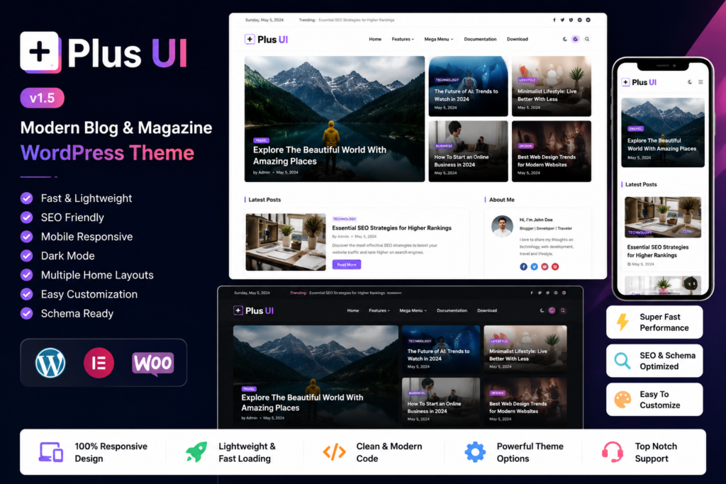 Plus UI WordPress Theme v1.5 homepage preview showing a modern WordPress blog layout with responsive design, SEO-friendly features, dark mode, and customizable website themes.