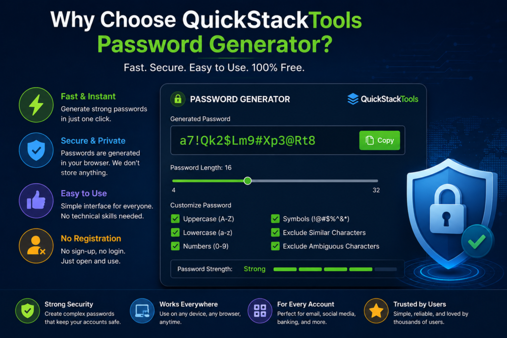 QuickStackTools Password Generator interface showing secure password creation with customizable length and strong security features
