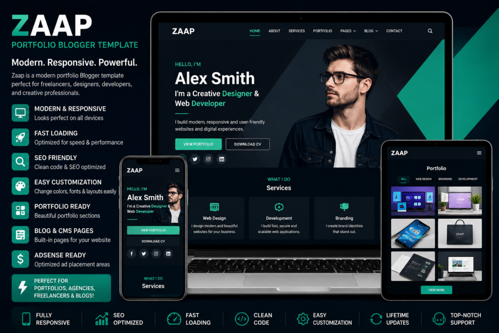 Zaap Portfolio Blogger Template featuring responsive design, SEO-friendly layout, fast loading, portfolio showcase, and mobile-friendly Blogger theme for freelancers and creative professionals.