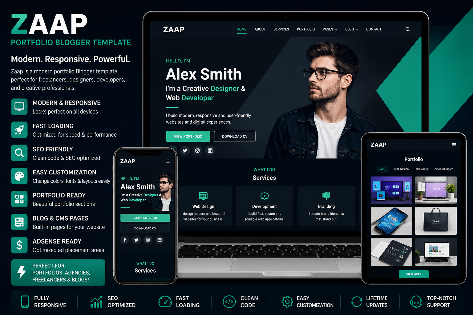 Zaap Portfolio Blogger Template featuring responsive design, SEO-friendly layout, fast loading, portfolio showcase, and mobile-friendly Blogger theme for freelancers and creative professionals.