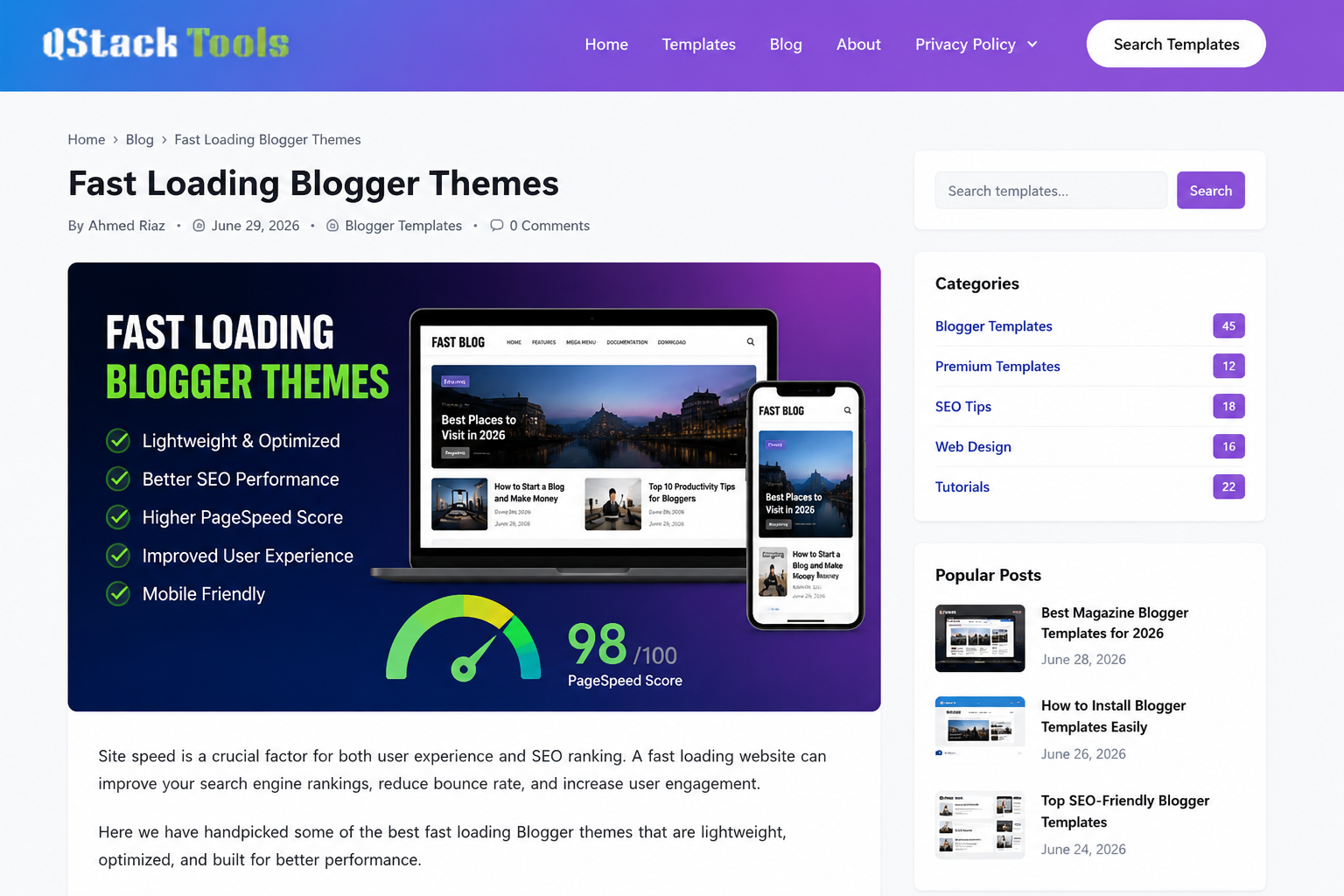 Fast Loading Blogger Themes with responsive SEO-friendly Blogger template preview.
